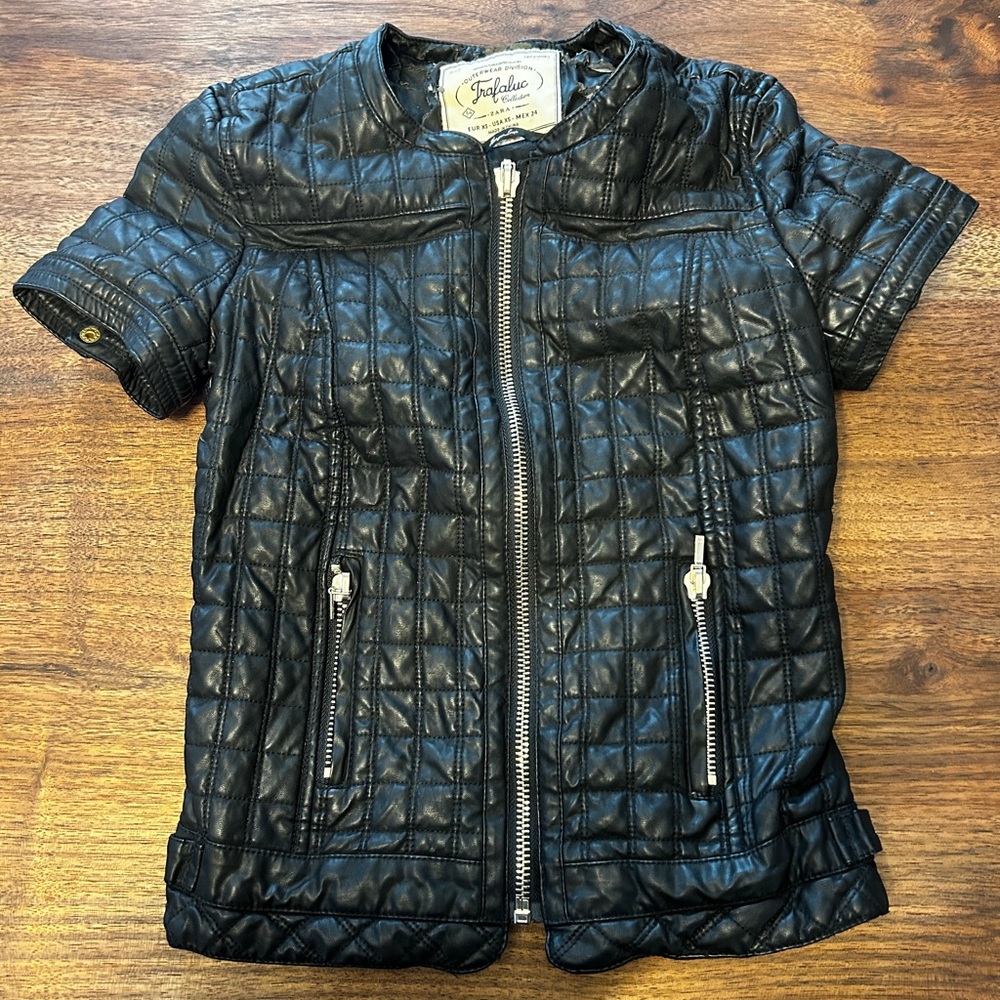 Zara Trafaluc Quilted Faux Leather Black Jacket Coat Women's Size XS Outerwear
